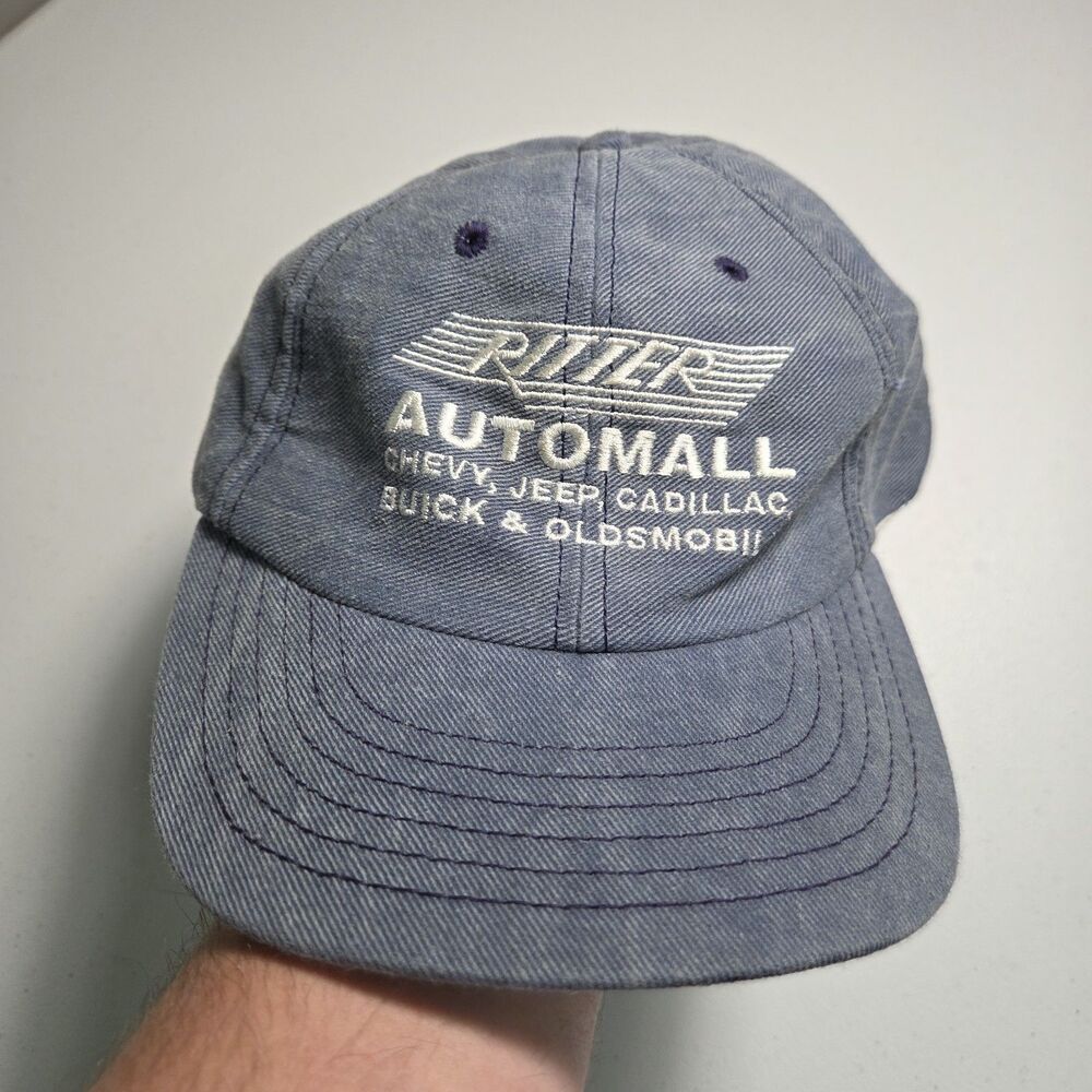 ​Vintage 90s Ritter Automall Hat Mens Blue Denim Leather Strapback Made Usa